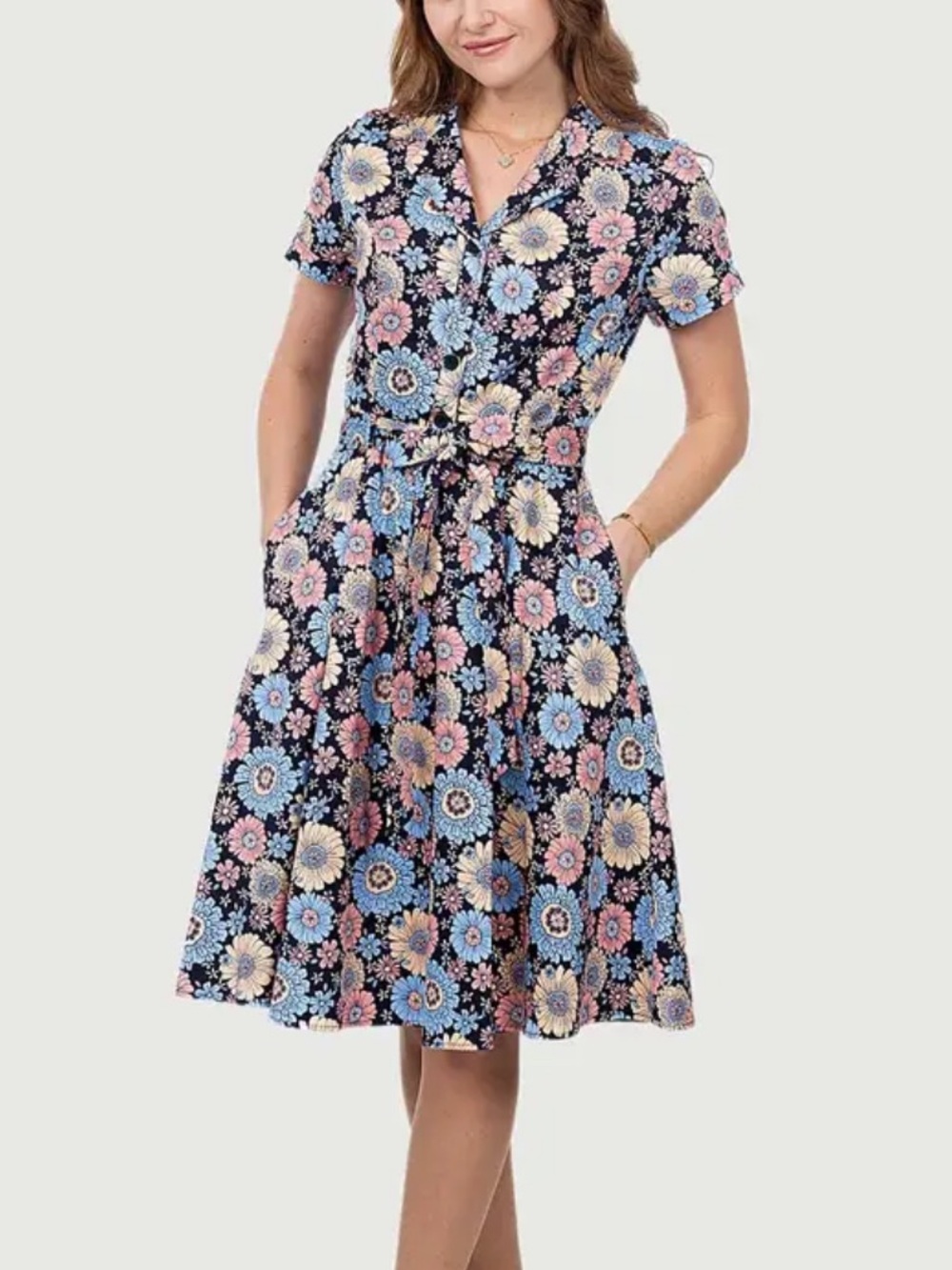 Floral Button-Front Midi Dress with Self-Tie Waist — Navy Multi